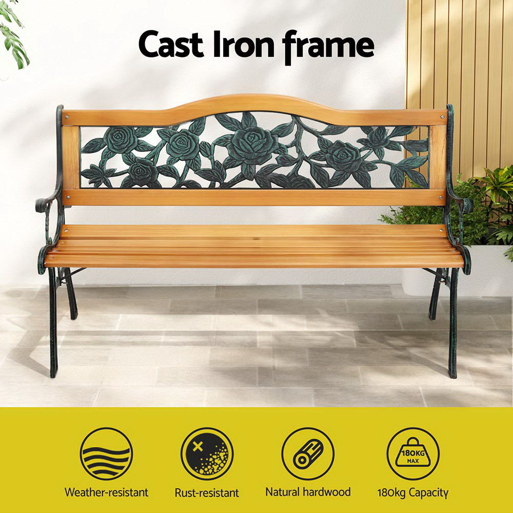 Outdoor Benches: Gardeon Outdoor Garden Bench Seat 126cm Wooden Cast Iron 3 Seater Patio Furniture