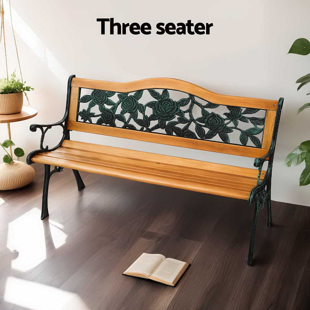 Outdoor Benches: Gardeon Outdoor Garden Bench Seat 126cm Wooden Cast Iron 3 Seater Patio Furniture
