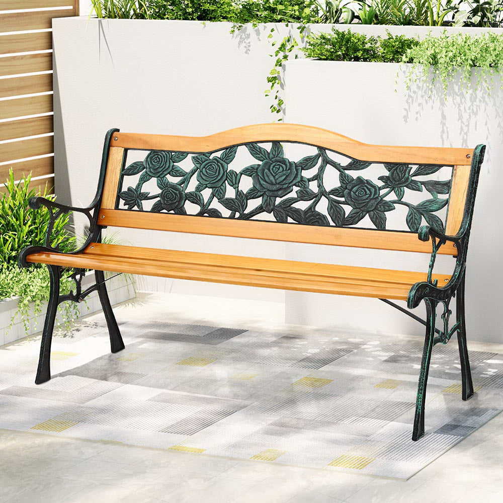 Outdoor Benches: Gardeon Outdoor Garden Bench Seat 126cm Wooden Cast Iron 3 Seater Patio Furniture
