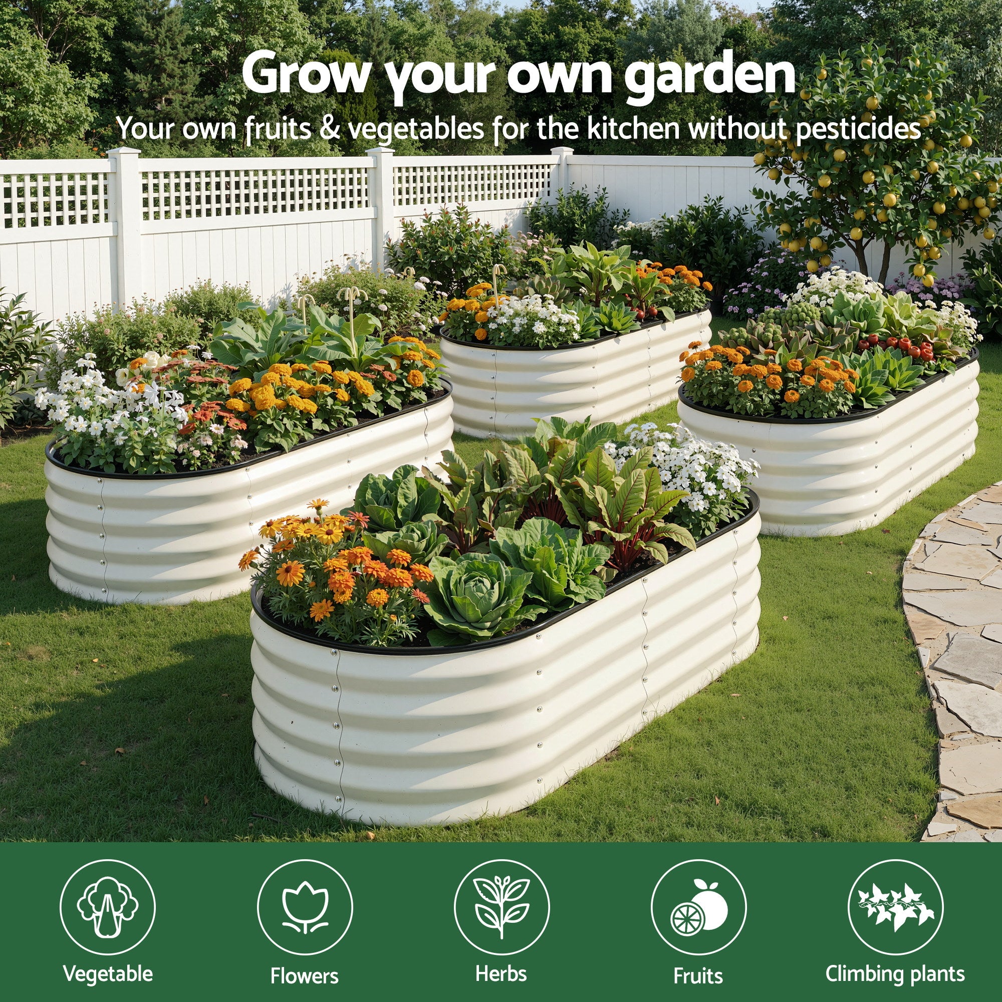 Green Fingers Raised Garden Bed 2 Pack Galvanised Planter Box Rust Resistant 120x60x30cm White