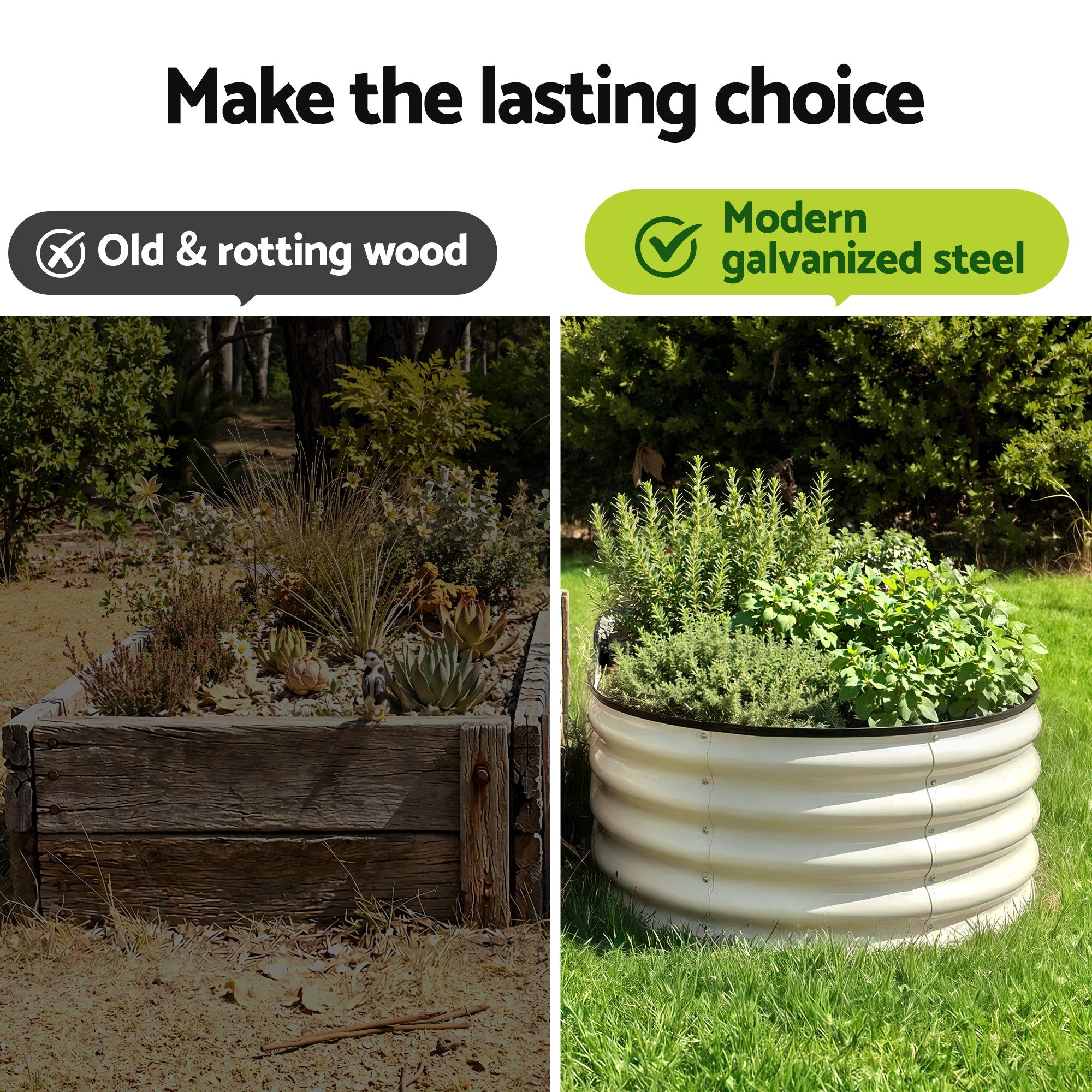 Green Fingers Raised Garden Bed 2 Pack Galvanised Planter Box Rust Resistant 120x60x30cm White