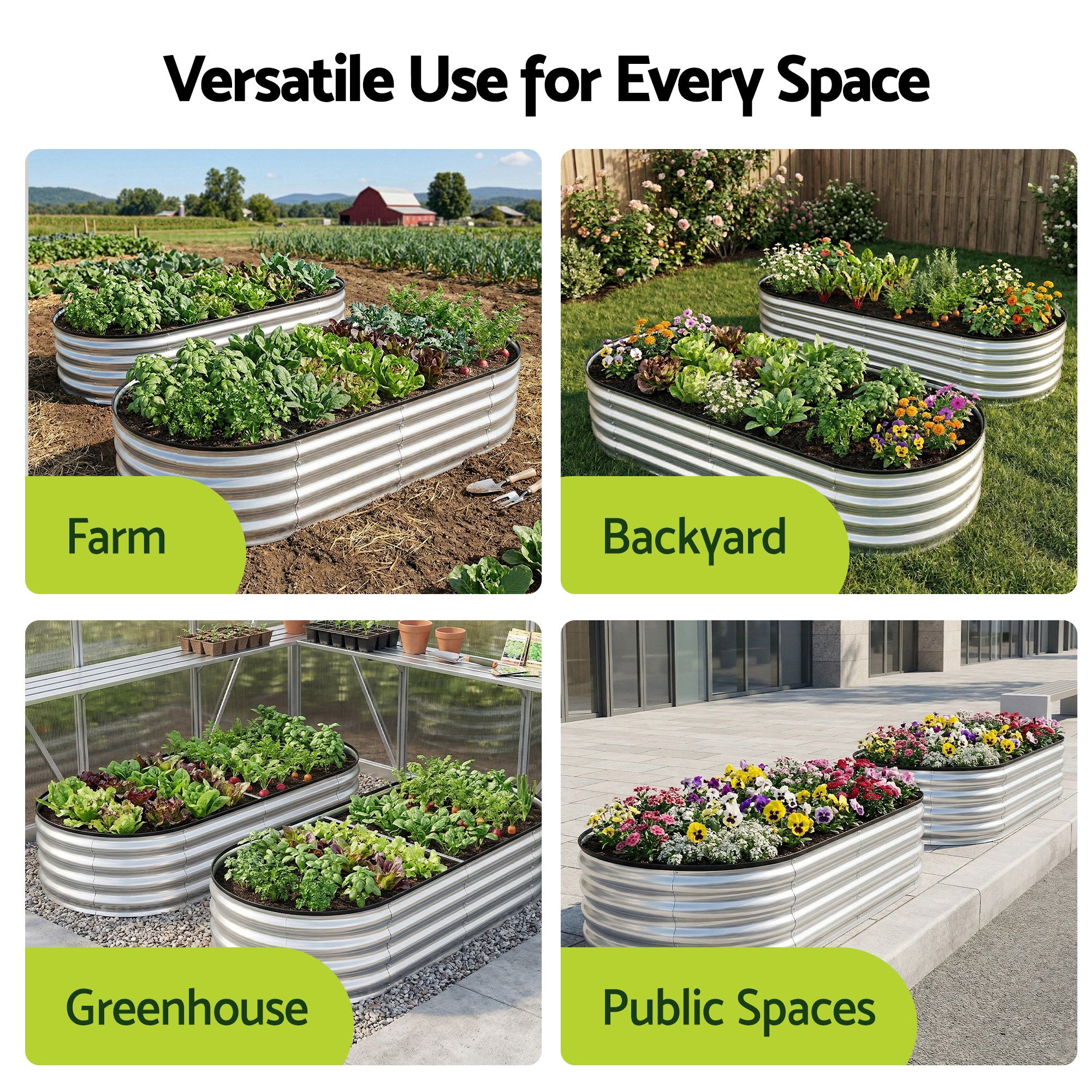 Green Fingers Raised Garden Bed Galvanised Oval Metal Planter Box Large Outdoor 150x70x30cm Silver