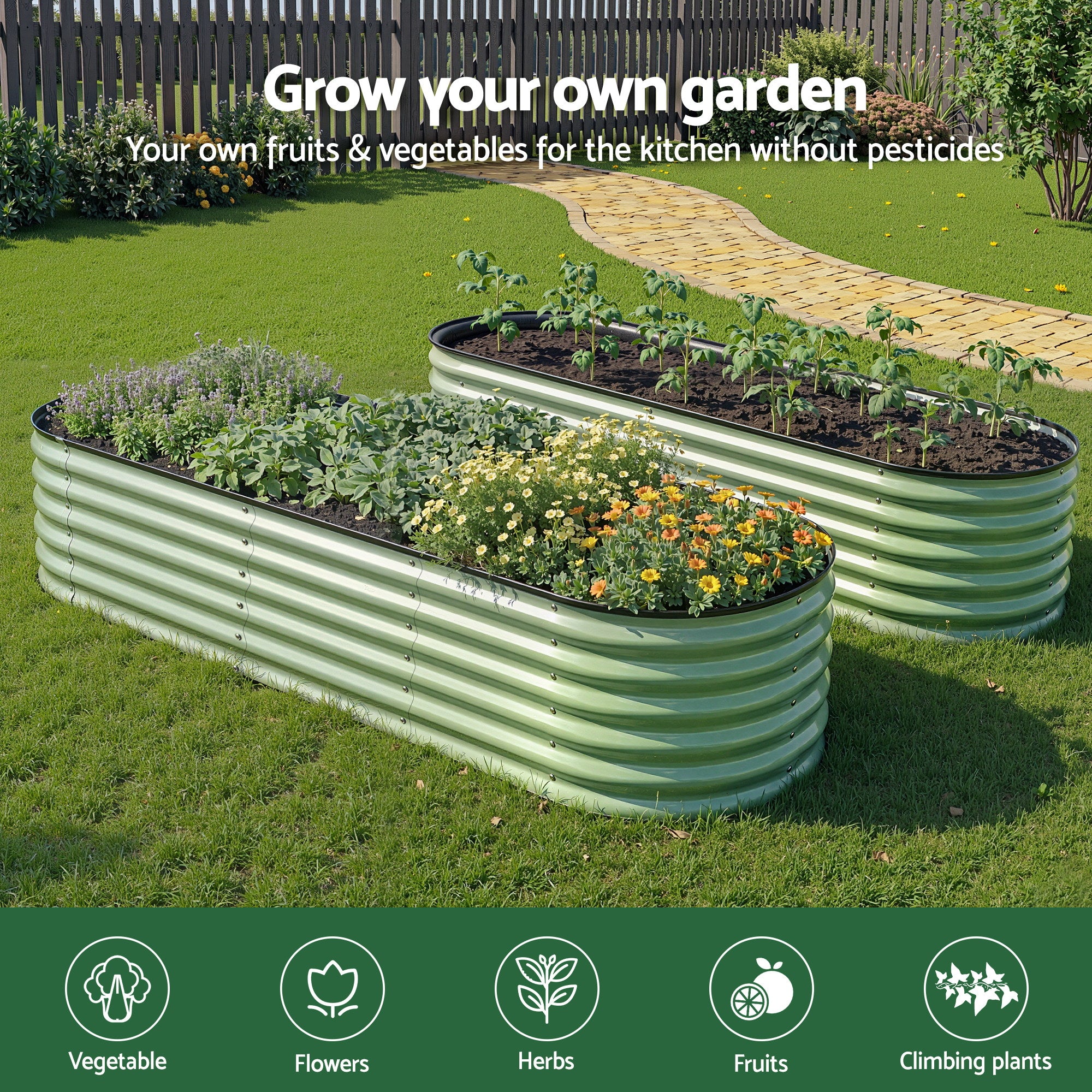 Green Fingers Oval Raised Garden Bed Galvanised Planter Box Rust Resistant 240x60x45cm Green