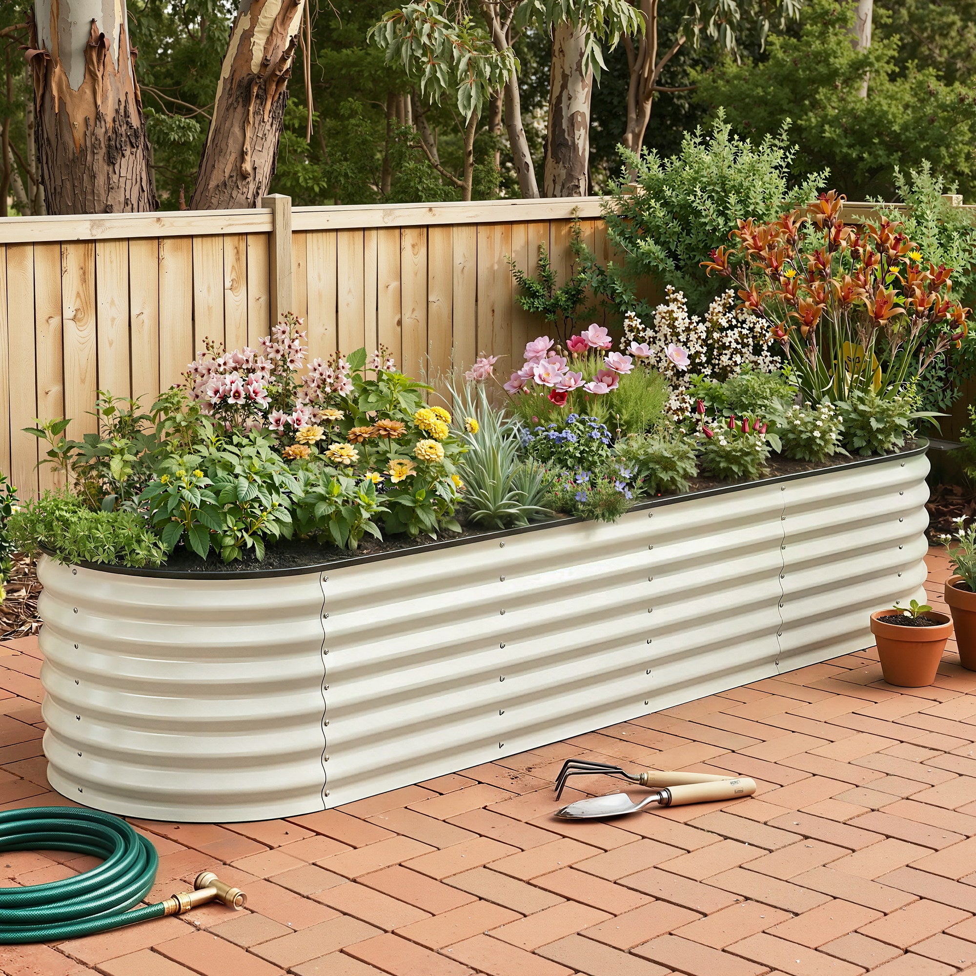 Green Fingers Oval Raised Garden Bed Galvanised Planter Box Rust Resistant 240x60x45cm White