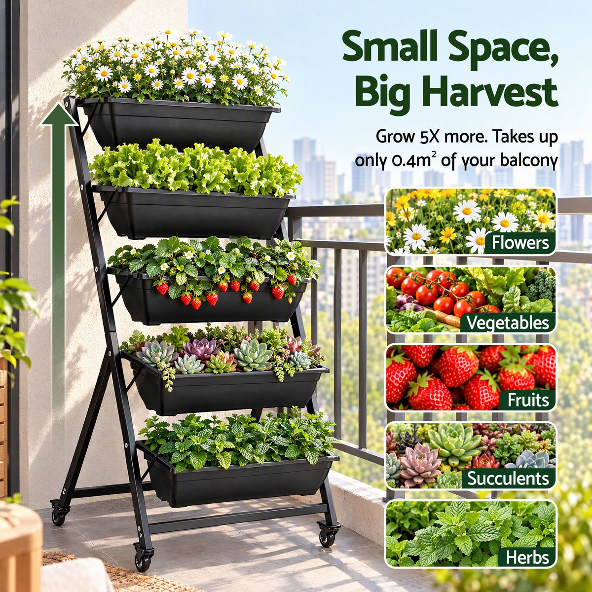 Green Fingers 5 Tier Vertical Raised Garden Bed Mobile Planter Box with Locking Wheels