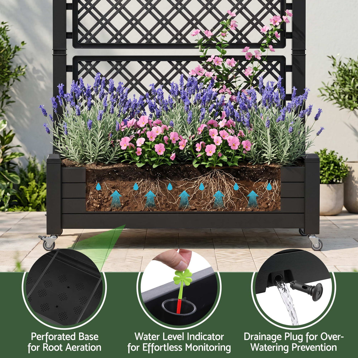 Green Fingers Mobile Planter Box with Trellis, Self Watering Garden Bed & Privacy Screen for Climbing Plants Flowers, Black
