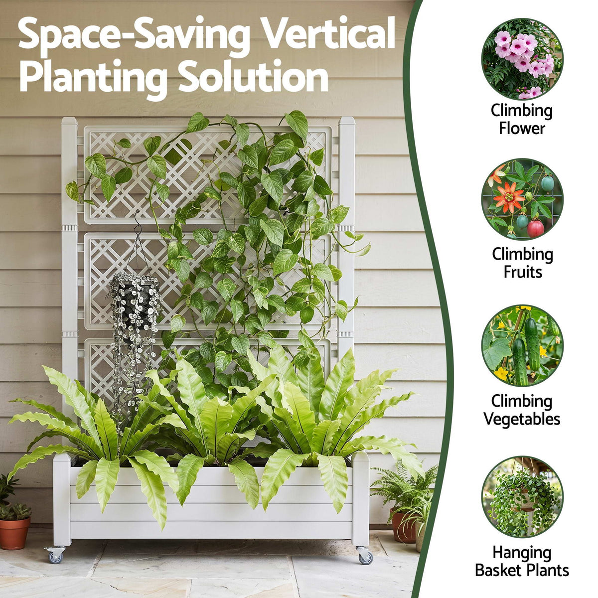 Green Fingers Mobile Planter Box with Trellis, Self Watering Garden Bed & Privacy Screen for Climbing Plants Flowers, White
