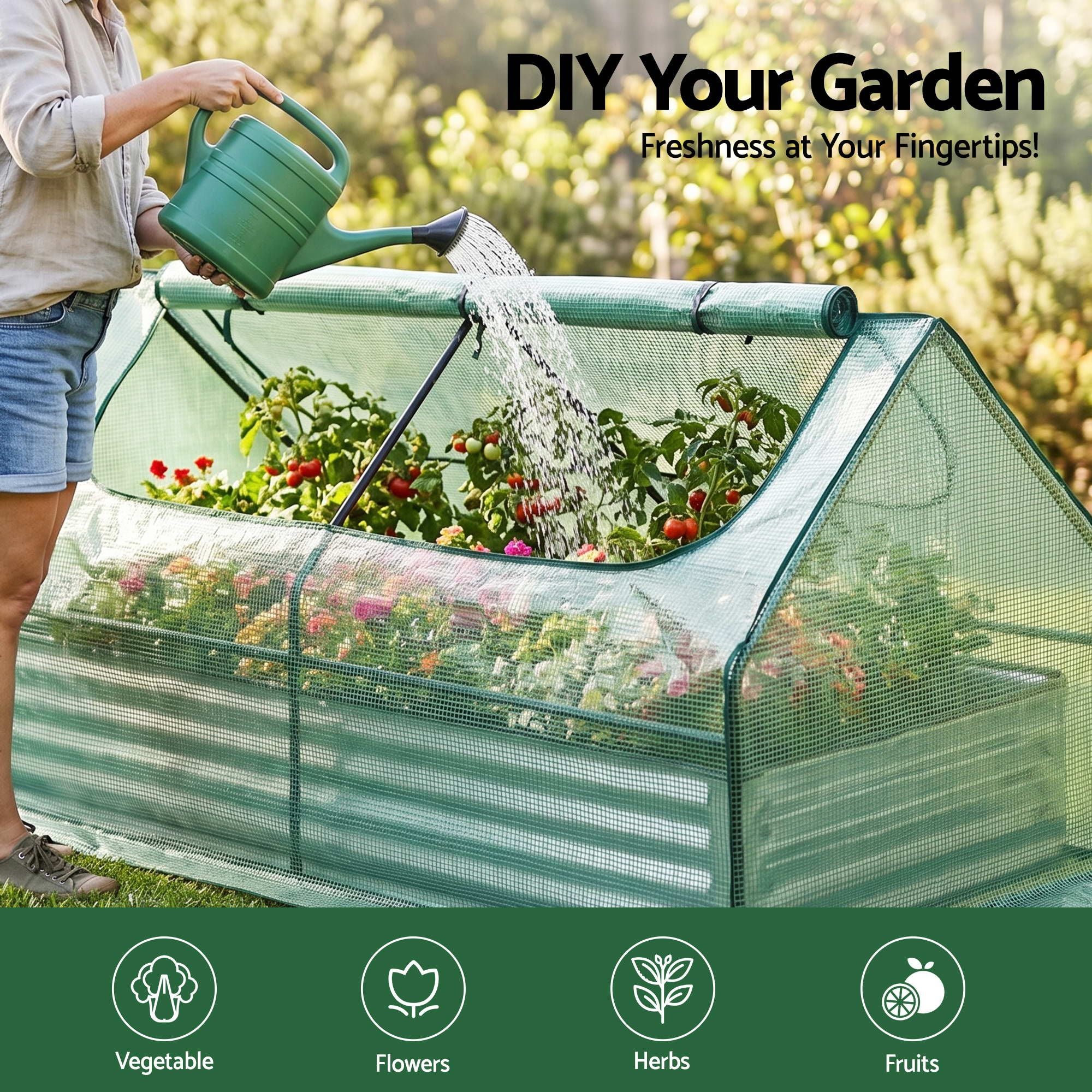 Green Fingers Raised Garden Bed with Greenhouse 3 in 1 Galvanised Planter Box Kit