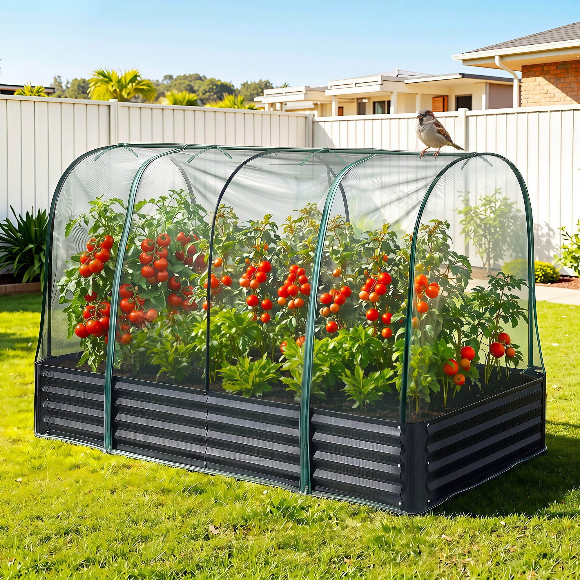 Green Fingers Raised Garden Bed with Mesh Netting Galvanised Planter Box Bird Proof 180x90x120cm