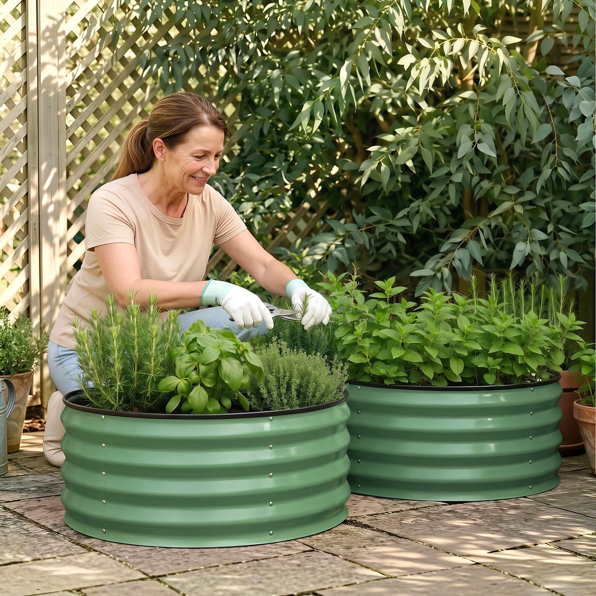 Green Fingers Round Raised Garden Bed 2 Pack Galvanised Planter Box Rust Resistant 60x60x30cm Green