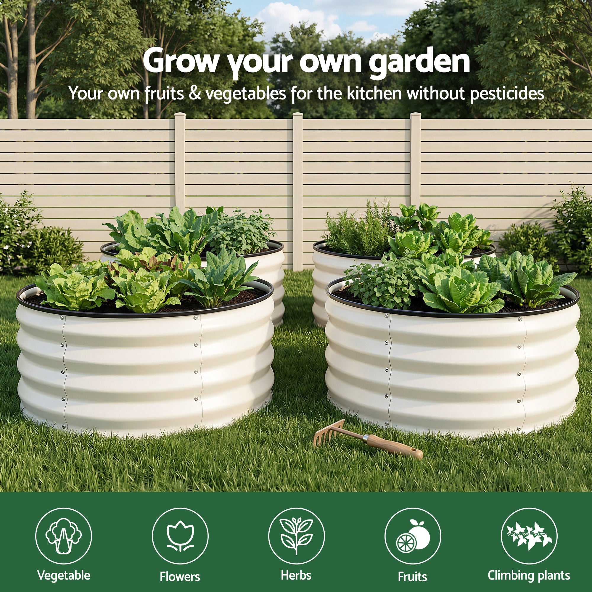Green Fingers Round Raised Garden Bed 2 Pack Galvanised Planter Box Rust Resistant 60x60x30cm White