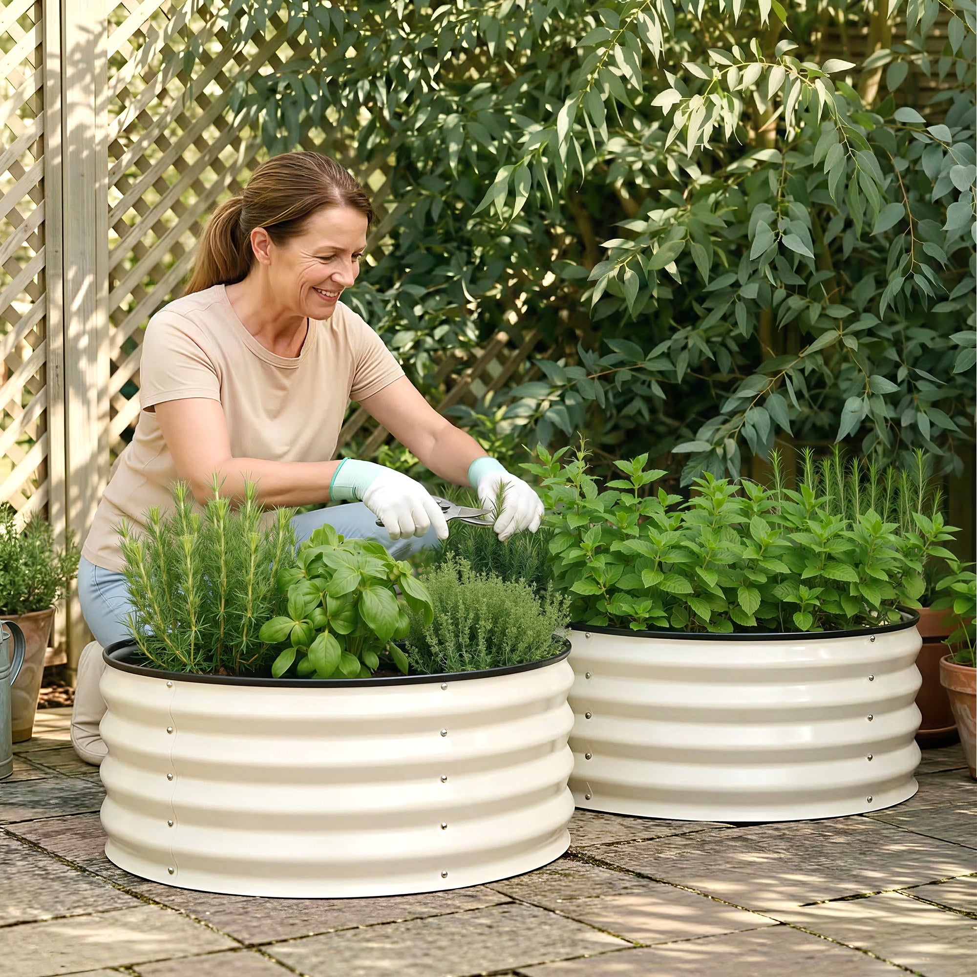 Green Fingers Round Raised Garden Bed 2 Pack Galvanised Planter Box Rust Resistant 60x60x30cm White
