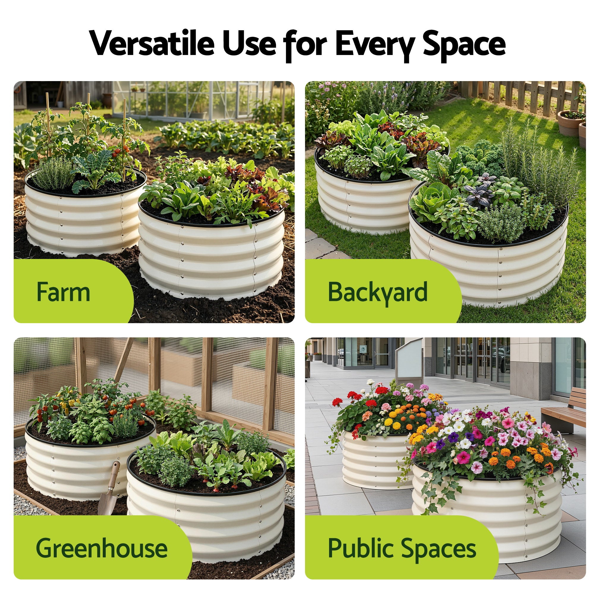 Green Fingers Round Raised Garden Bed 2 Pack Galvanised Planter Box Rust Resistant 60x60x30cm White