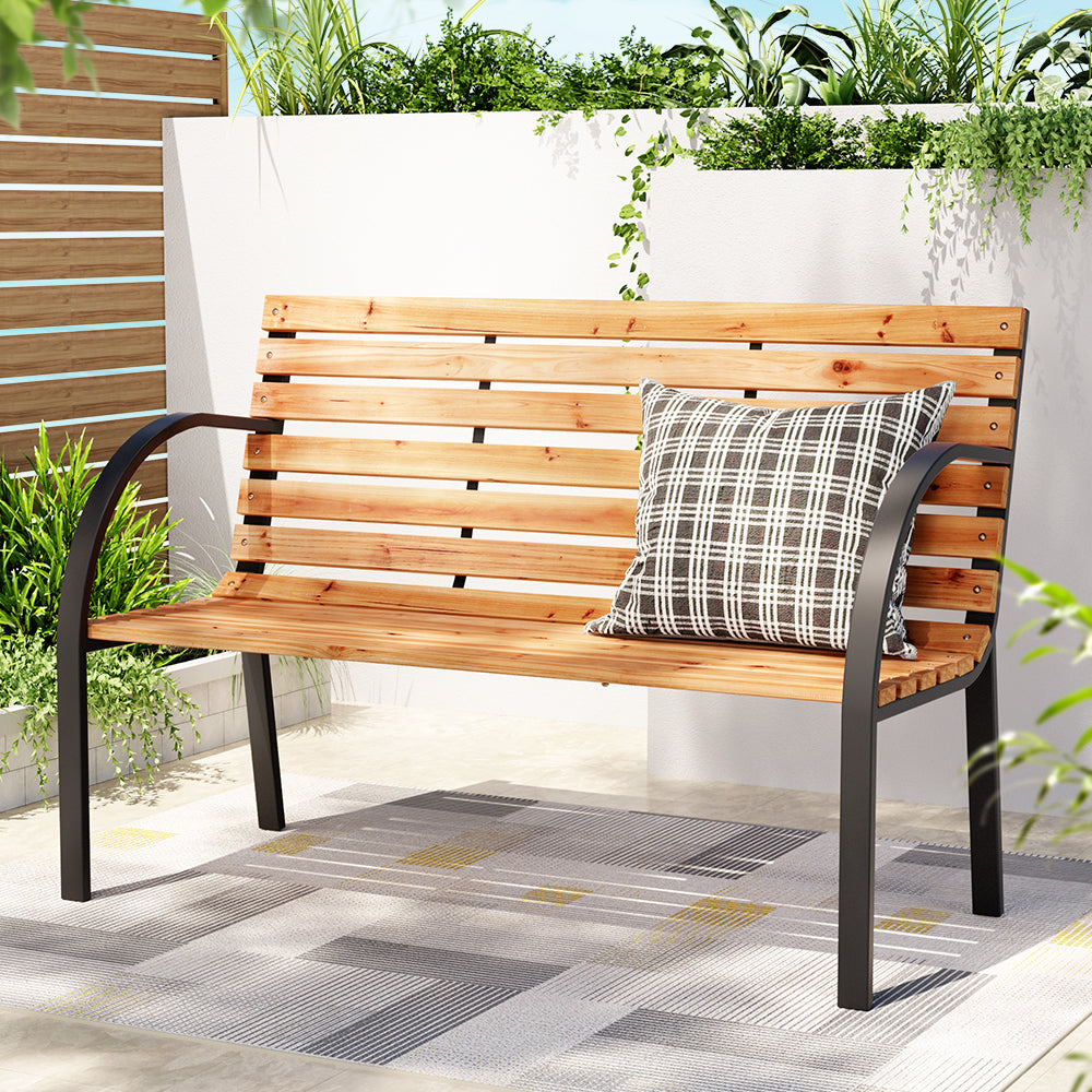 Outdoor Chairs: Gardeon Outdoor Garden Bench Seat 120cm Wooden Steel 2 Seater Patio Furniture Natural