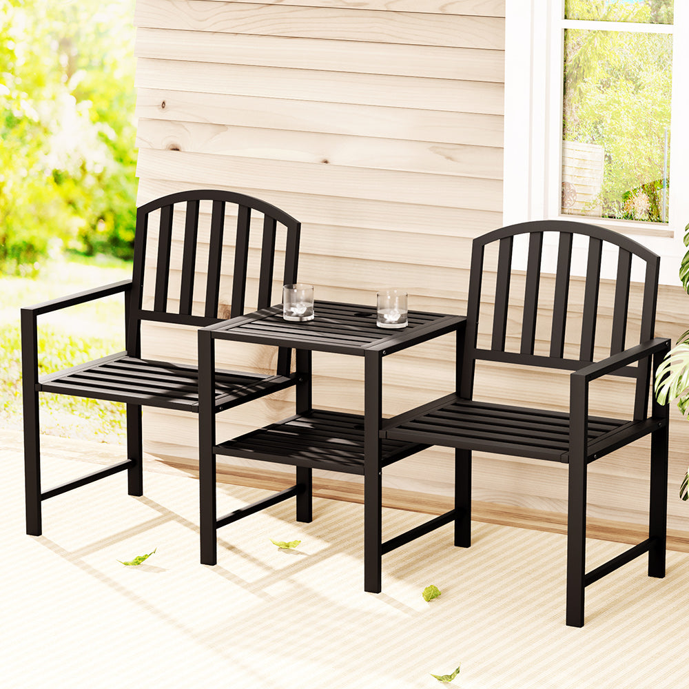 Outdoor Chairs: Gardeon Outdoor Garden Bench Seat Loveseat Steel Table Chairs Patio Furniture Black