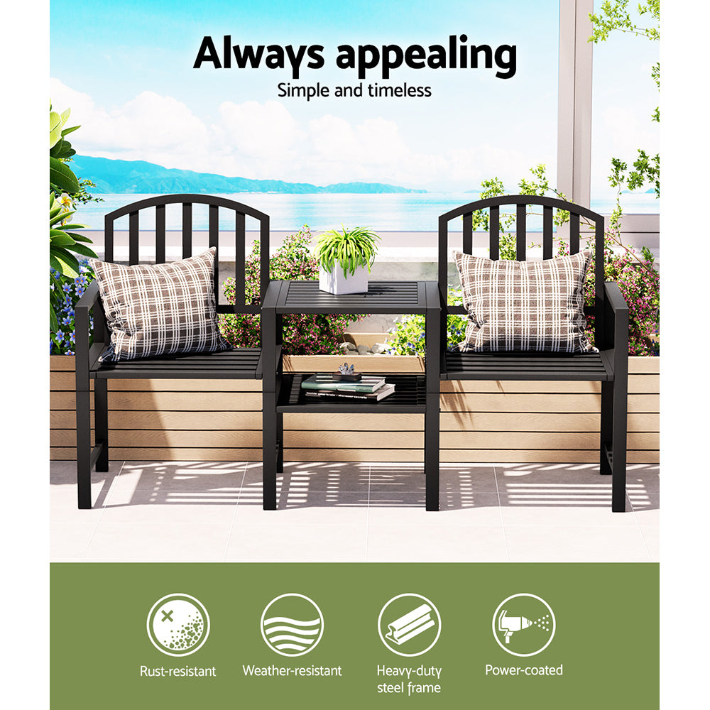 Outdoor Chairs: Gardeon Outdoor Garden Bench Seat Loveseat Steel Table Chairs Patio Furniture Black