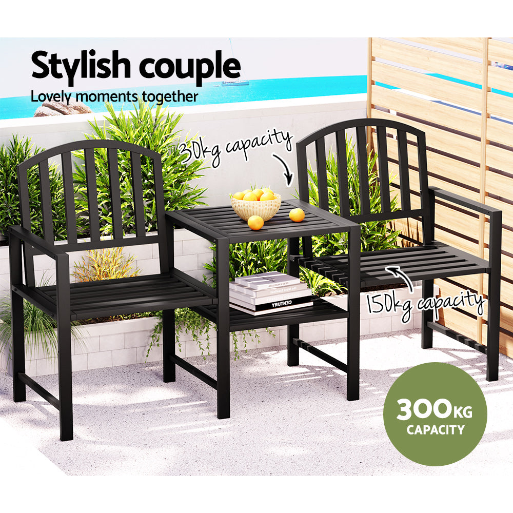 Outdoor Chairs: Gardeon Outdoor Garden Bench Seat Loveseat Steel Table Chairs Patio Furniture Black