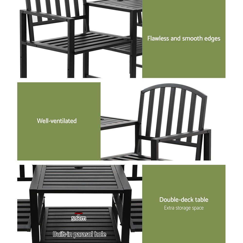 Outdoor Chairs: Gardeon Outdoor Garden Bench Seat Loveseat Steel Table Chairs Patio Furniture Black