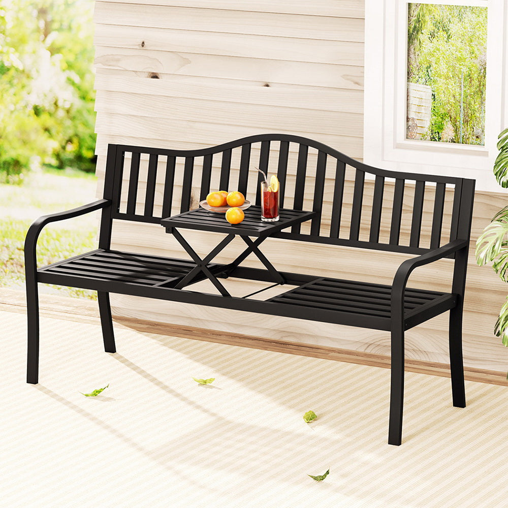 Outdoor Chairs: Gardeon Outdoor Garden Bench Seat Loveseat Steel Foldable Table Patio Furniture Black