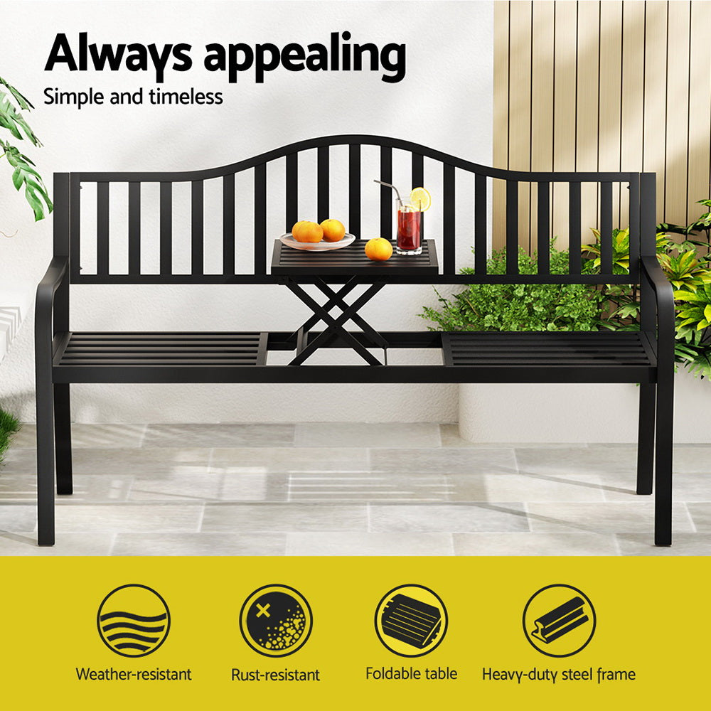 Outdoor Chairs: Gardeon Outdoor Garden Bench Seat Loveseat Steel Foldable Table Patio Furniture Black