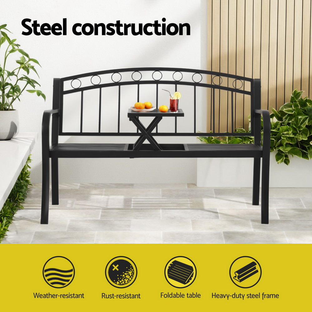 Outdoor Benches: Gardeon Outdoor Garden Bench Seat Loveseat Steel Foldable Table Patio Furniture Black