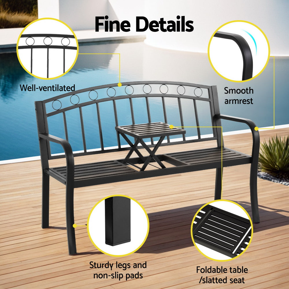 Outdoor Benches: Gardeon Outdoor Garden Bench Seat Loveseat Steel Foldable Table Patio Furniture Black