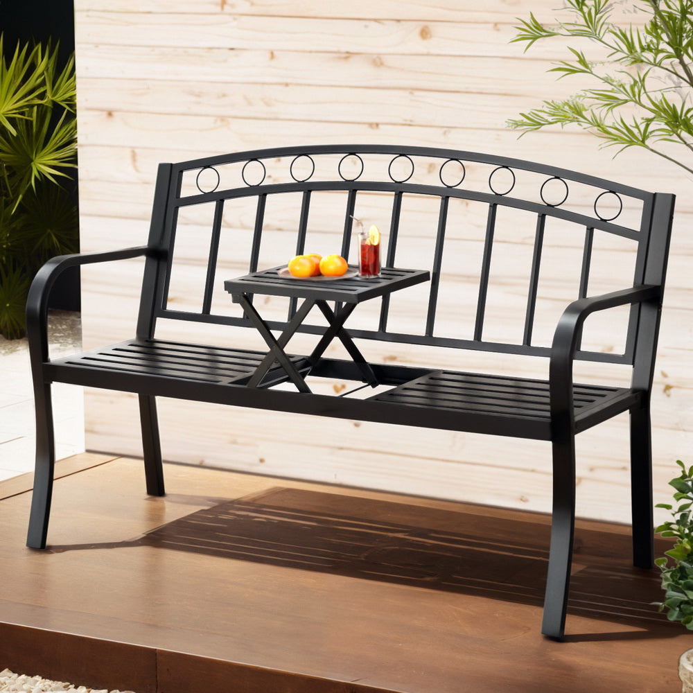 Outdoor Benches: Gardeon Outdoor Garden Bench Seat Loveseat Steel Foldable Table Patio Furniture Black