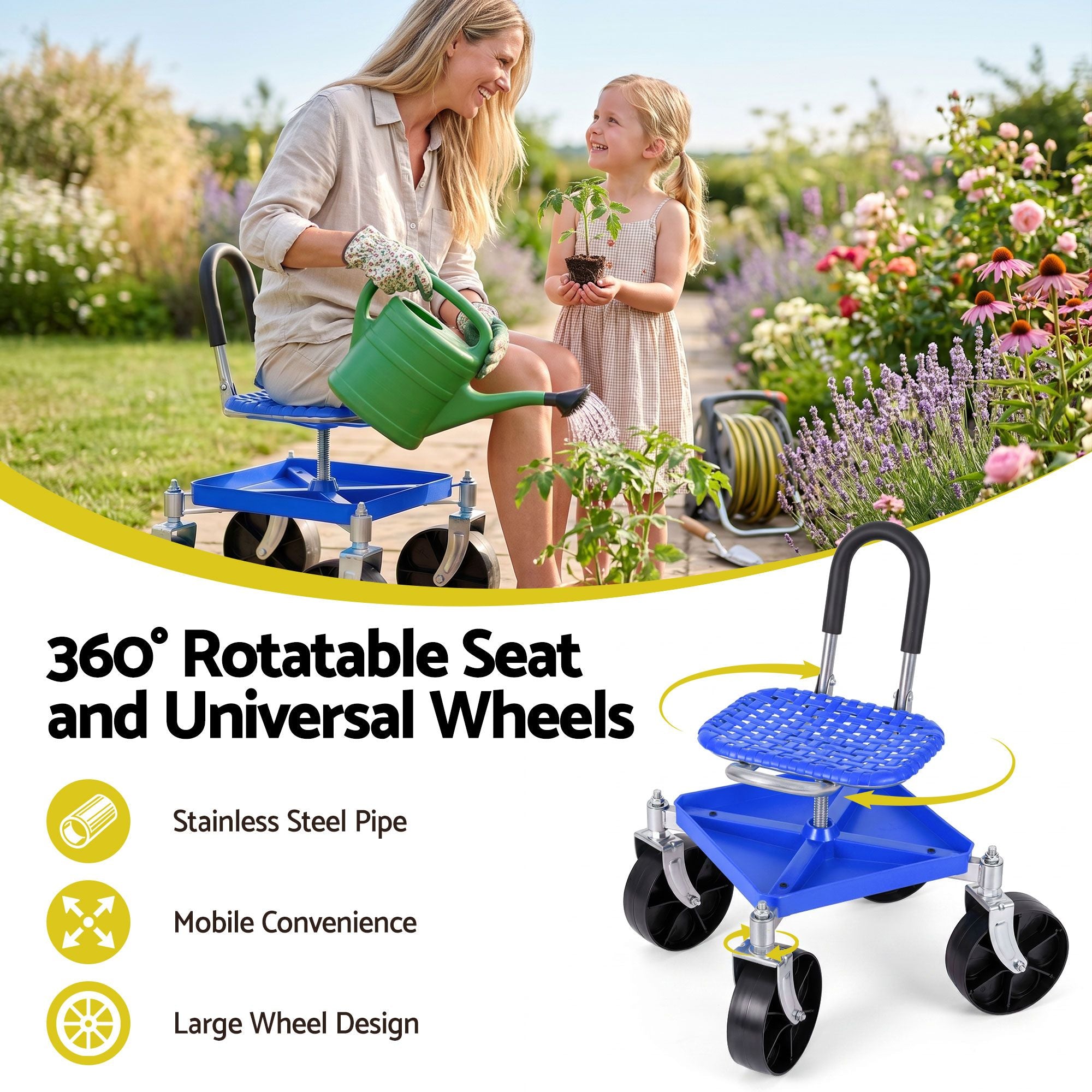 Gardeon Garden Cart Seat Rolling Stool 360 Swivel Height Adjustable Heavy Duty Blue