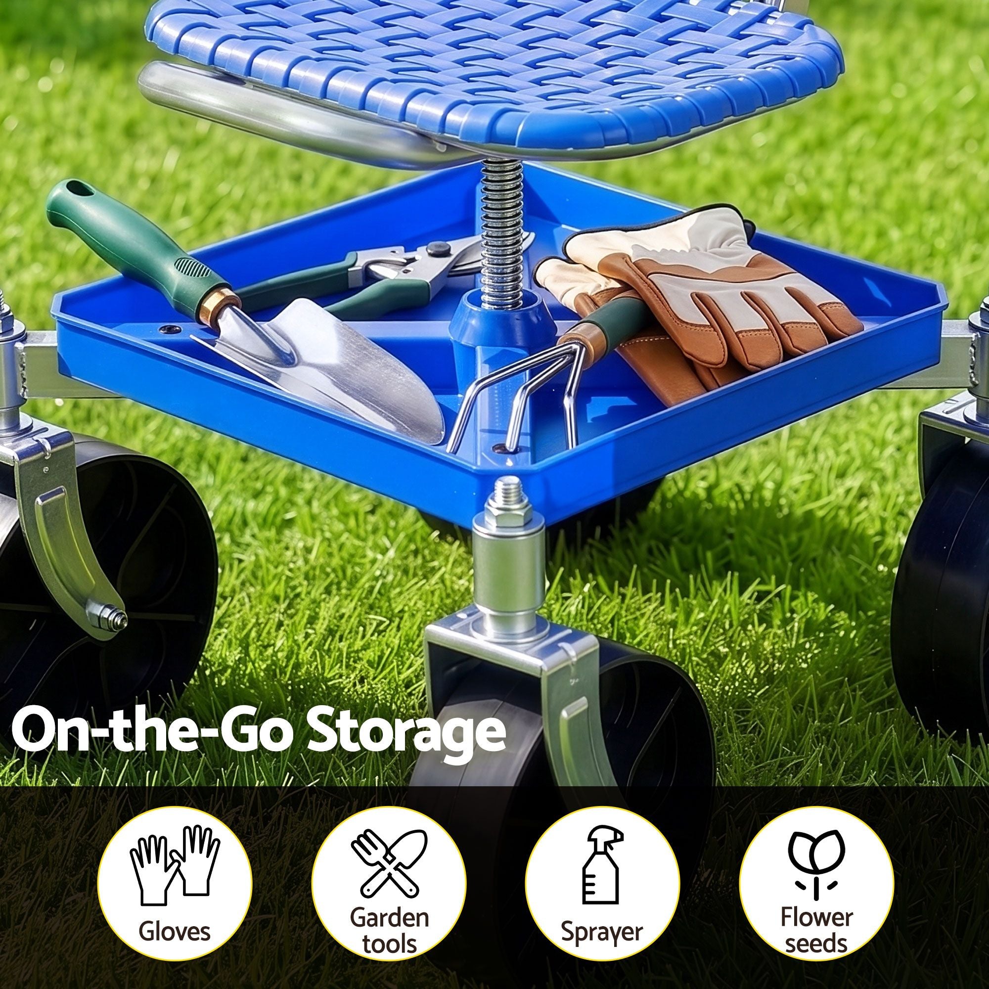 Gardeon Garden Cart Seat Rolling Stool 360 Swivel Height Adjustable Heavy Duty Blue