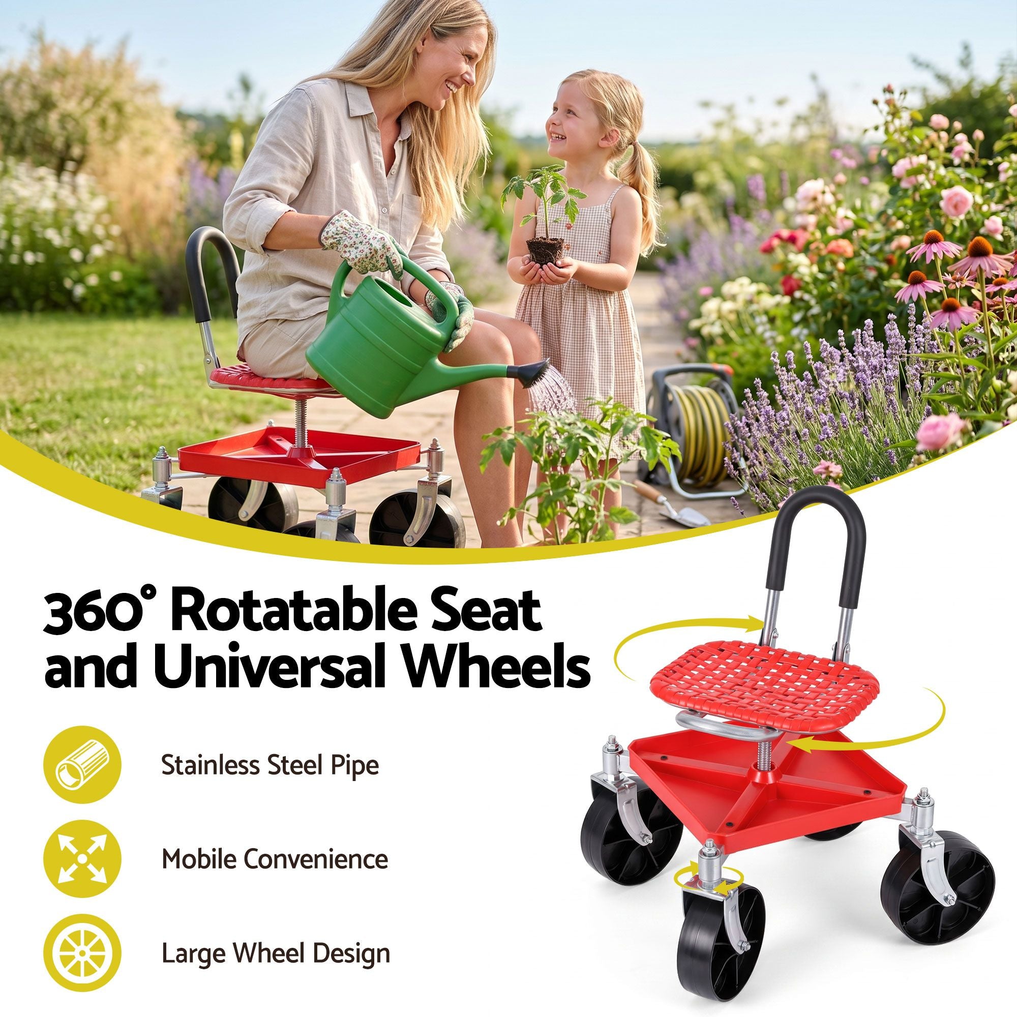 Gardeon Garden Cart Seat Rolling Stool 360 Swivel Height Adjustable Heavy Duty Red