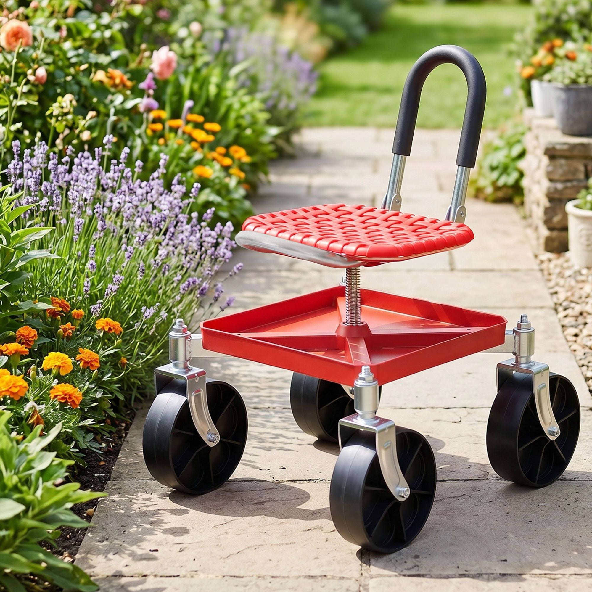 Gardeon Garden Cart Seat Rolling Stool 360 Swivel Height Adjustable Heavy Duty Red