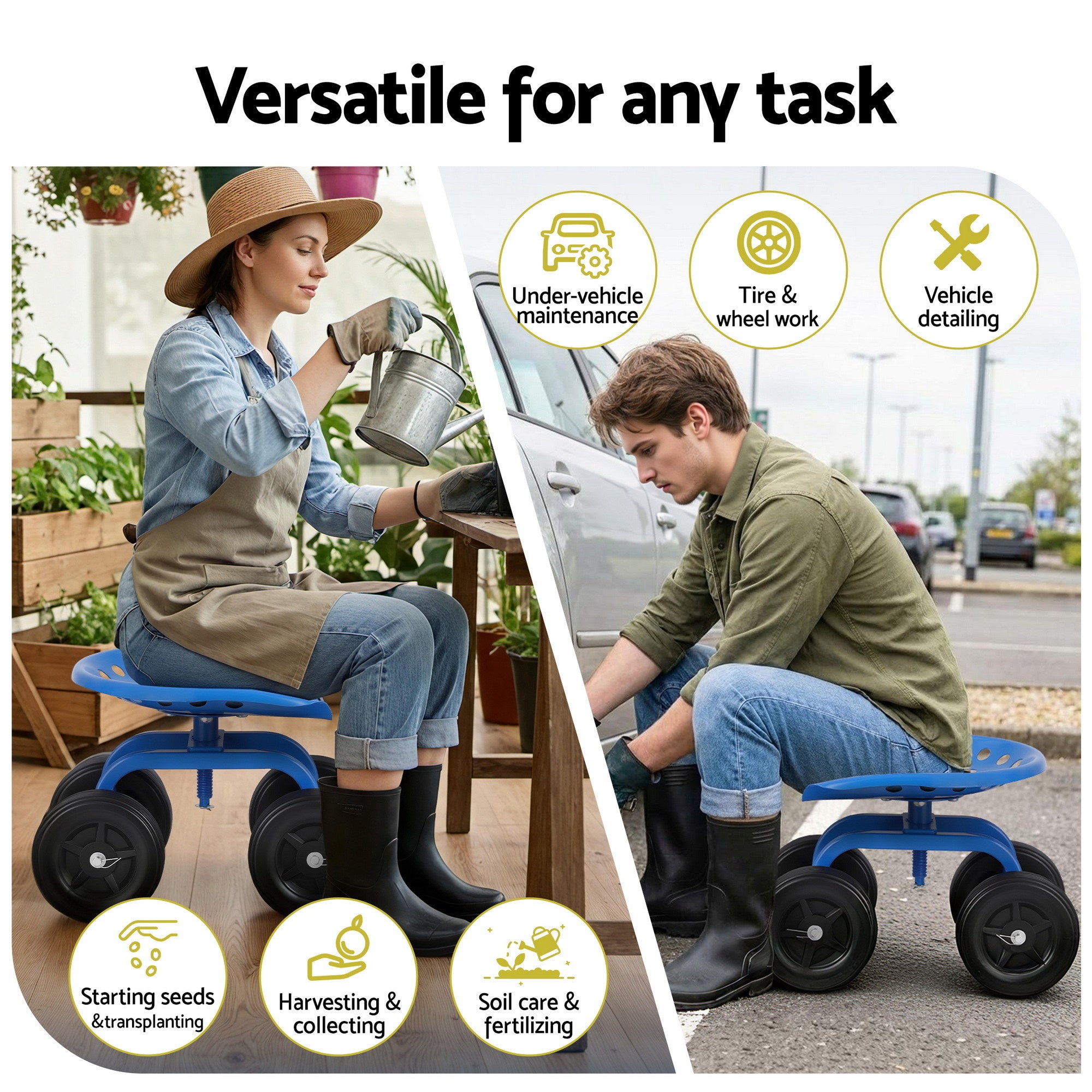 Kid's Tables, Chairs & Seats: Gardeon Garden Seat 360 Swivel Rolling Adjustable Height Work Scooter Cart Wheels Heavy Duty 150kg