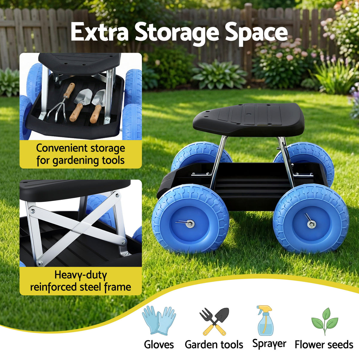 Gardeon Garden Cart Seat with Wheels, Rolling Work Stool with Tool Storage Tray, 440lbs (200kg) Heavy Duty Capacity Garden Stool for Outdoor Yard Work, Car Detailing, and Garage Maintenance, Blue/Black