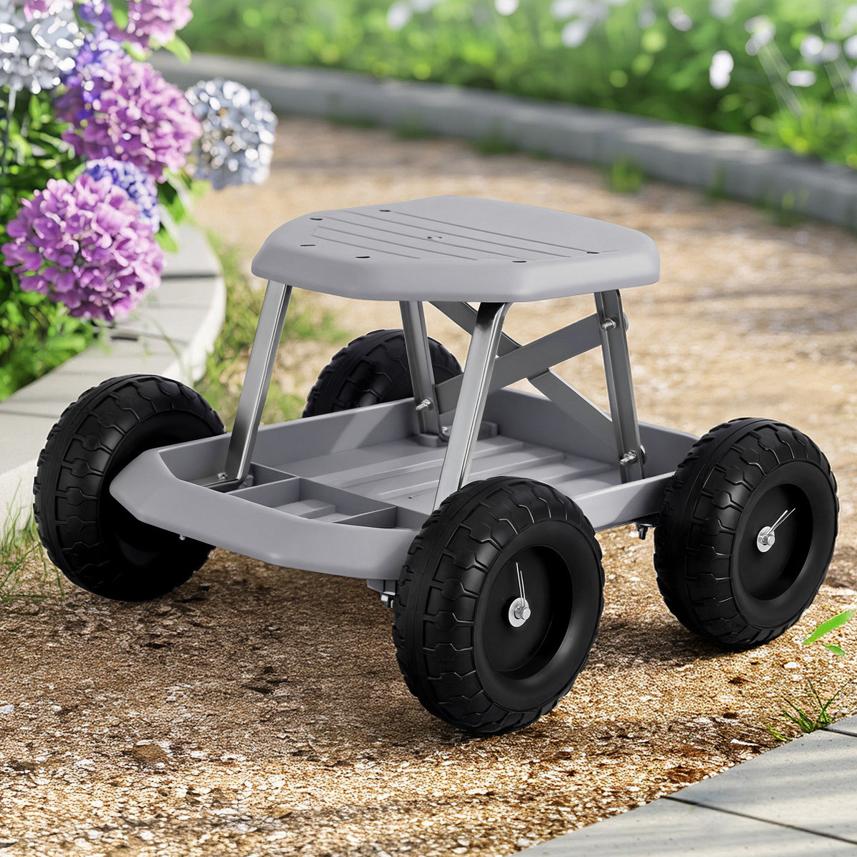 Gardeon Garden Cart Seat with Wheels, Rolling Work Stool with Tool Storage Tray, 440lbs (200kg) Heavy Duty Capacity Garden Stool for Outdoor Yard Work, Car Detailing, and Garage Maintenance, Grey/Black