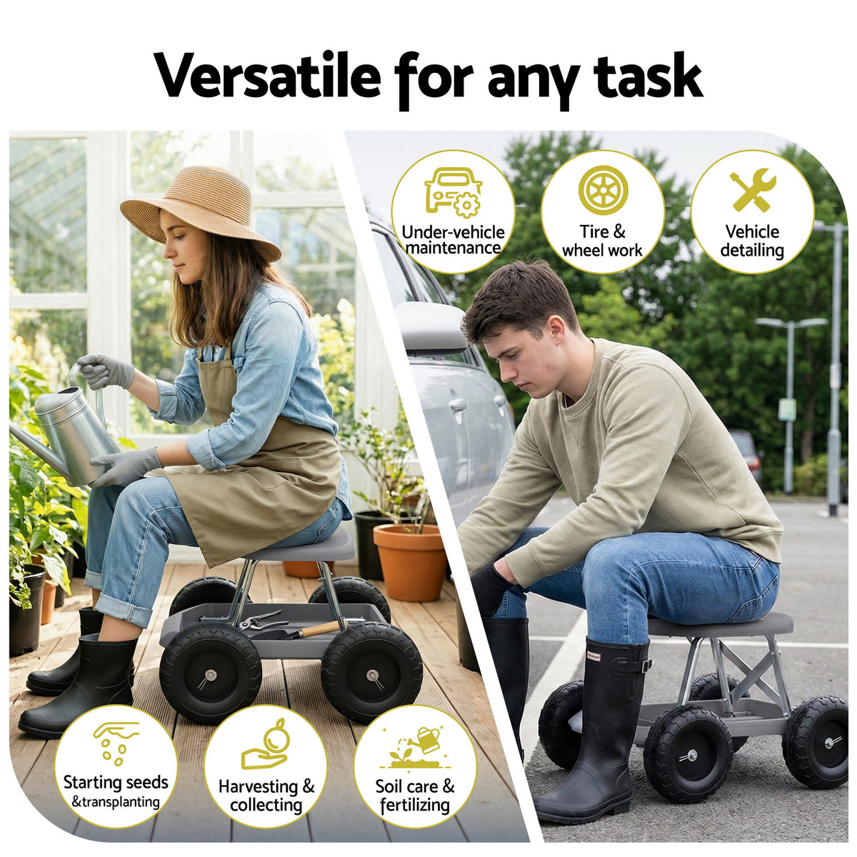 Gardeon Garden Cart Seat with Wheels, Rolling Work Stool with Tool Storage Tray, 440lbs (200kg) Heavy Duty Capacity Garden Stool for Outdoor Yard Work, Car Detailing, and Garage Maintenance, Grey/Black