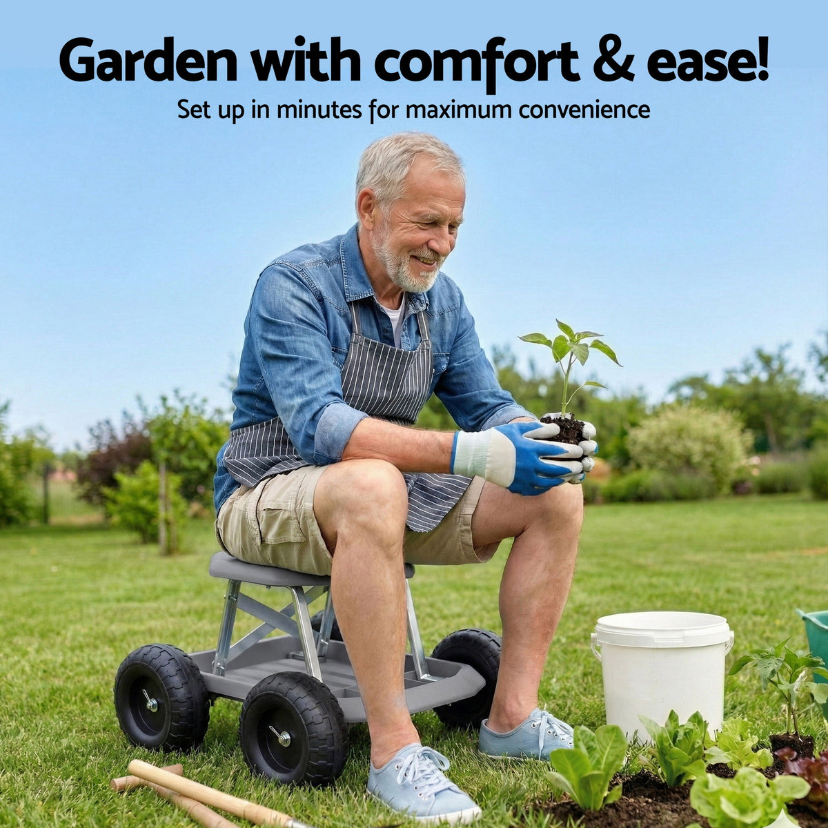 Gardeon Garden Cart Seat with Wheels, Rolling Work Stool with Tool Storage Tray, 440lbs (200kg) Heavy Duty Capacity Garden Stool for Outdoor Yard Work, Car Detailing, and Garage Maintenance, Grey/Black