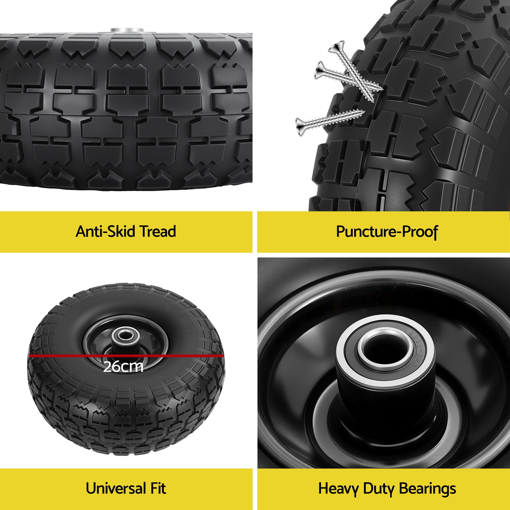 Spreaders & Wheelbarrows: Gardeon 2pcs, 4.10/3.50-4 Tire And Wheel Flat Free, 26cm Solid Rubber Tires with 5/8 Axle Bore Hole And Double Sealed Bearings, Perfect for Wheelbarrow, Garden Cart, Wagon, Dolly