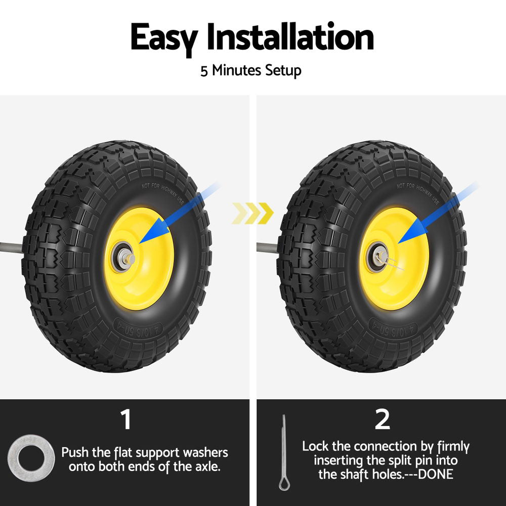 Spreaders & Wheelbarrows: Gardeon 2pcs, 4.10/3.50-4 Tire And Wheel Flat Free, 26cm Solid Rubber Tires with 5/8 Axle Bore Hole And Double Sealed Bearings, Perfect for Wheelbarrow, Garden Cart, Wagon, Dolly