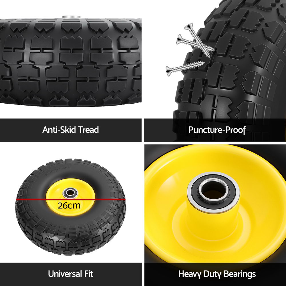 Spreaders & Wheelbarrows: Gardeon 2pcs, 4.10/3.50-4 Tire And Wheel Flat Free, 26cm Solid Rubber Tires with 5/8 Axle Bore Hole And Double Sealed Bearings, Perfect for Wheelbarrow, Garden Cart, Wagon, Dolly