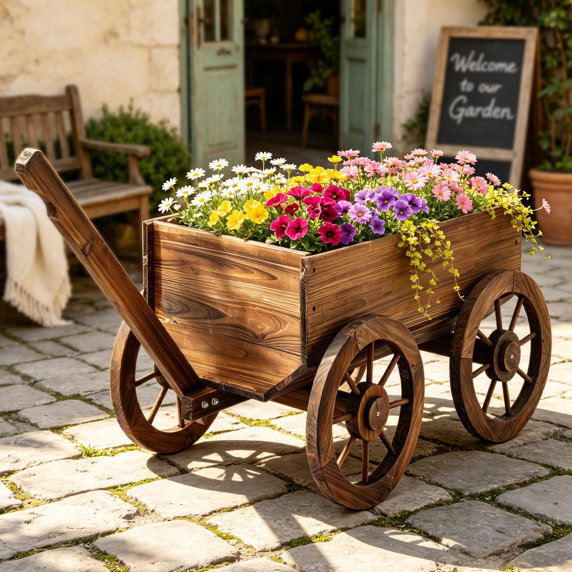 Gardeon Wooden Planter Cart Garden Decor Plant Stand Fir Wood Flower Wagon Wheels XL