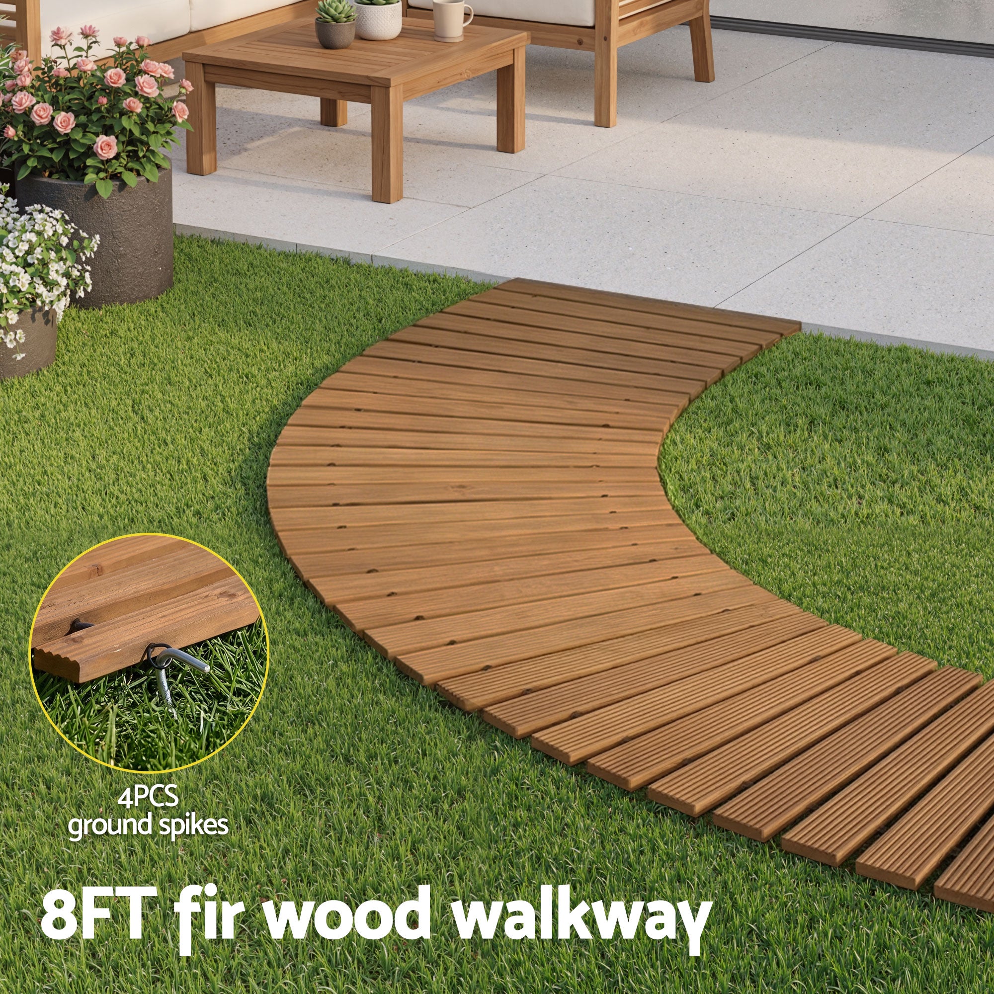 Gardeon 8FT Wooden Garden Pathway Roll-Out Curved Walkway Outdoor Backyard Brown