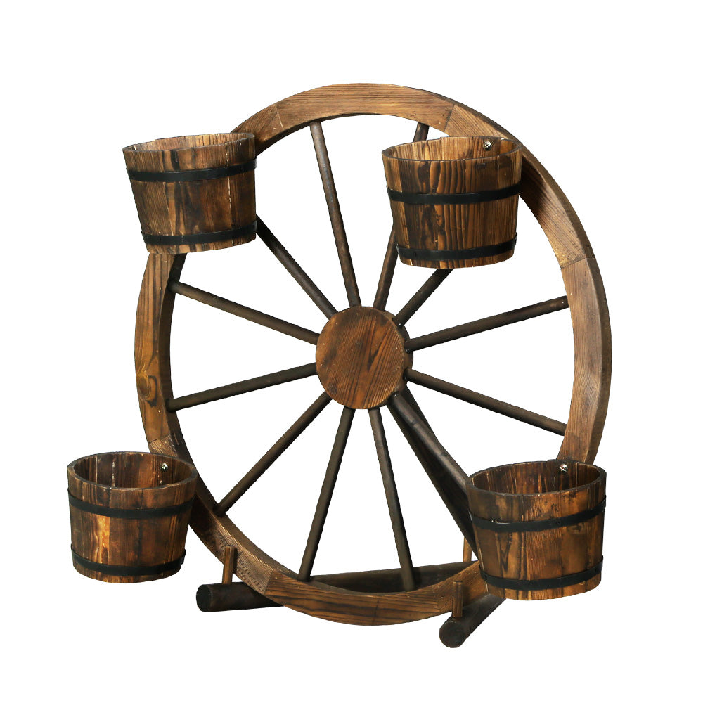 Garden Ornaments: Gardeon Garden Decor Plant Stand Outdoor Ornament Wooden Wagon Wheel 80cm