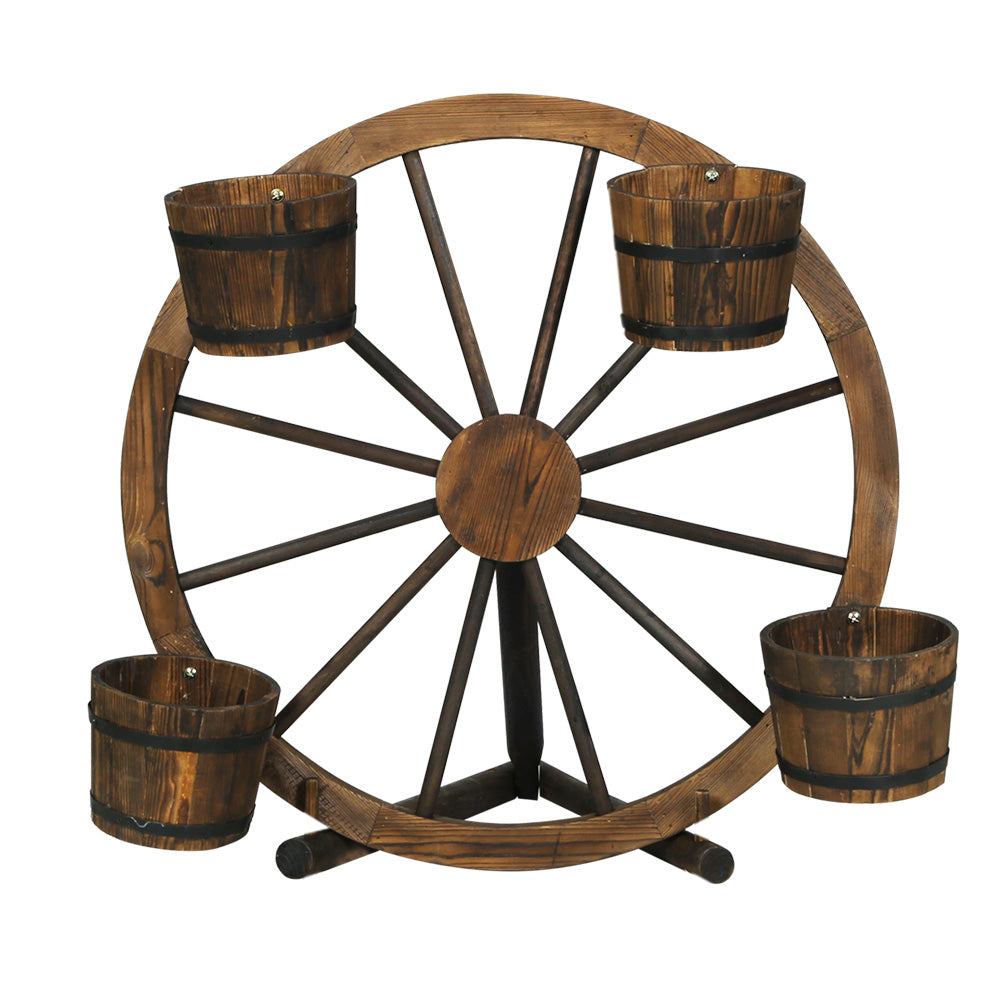 Garden Ornaments: Gardeon Garden Decor Plant Stand Outdoor Ornament Wooden Wagon Wheel 80cm