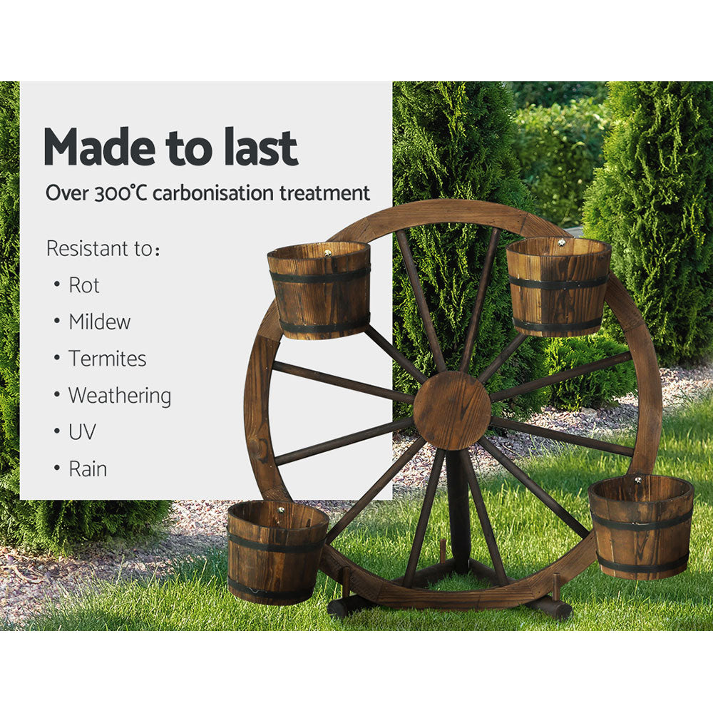 Garden Ornaments: Gardeon Garden Decor Plant Stand Outdoor Ornament Wooden Wagon Wheel 80cm