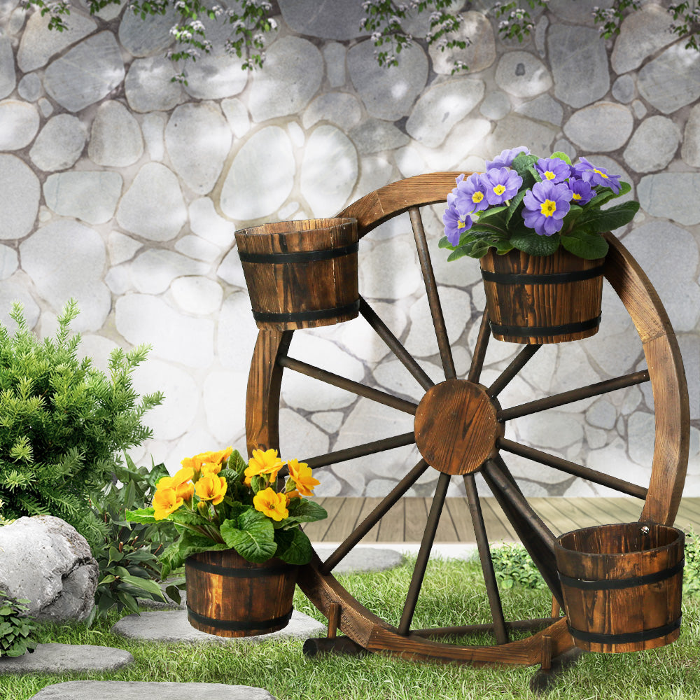 Garden Ornaments: Gardeon Garden Decor Plant Stand Outdoor Ornament Wooden Wagon Wheel 80cm
