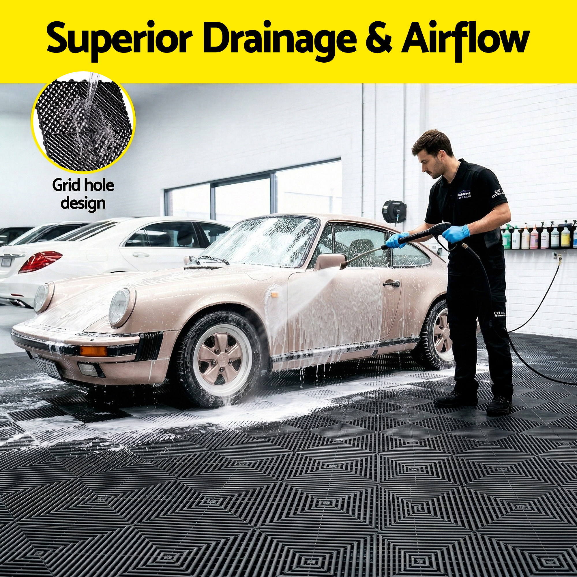 Giantz 20PCS Garage Floor Tiles Interlocking Drainage Non-Slip Tiles Heavy Duty for Workshop Black