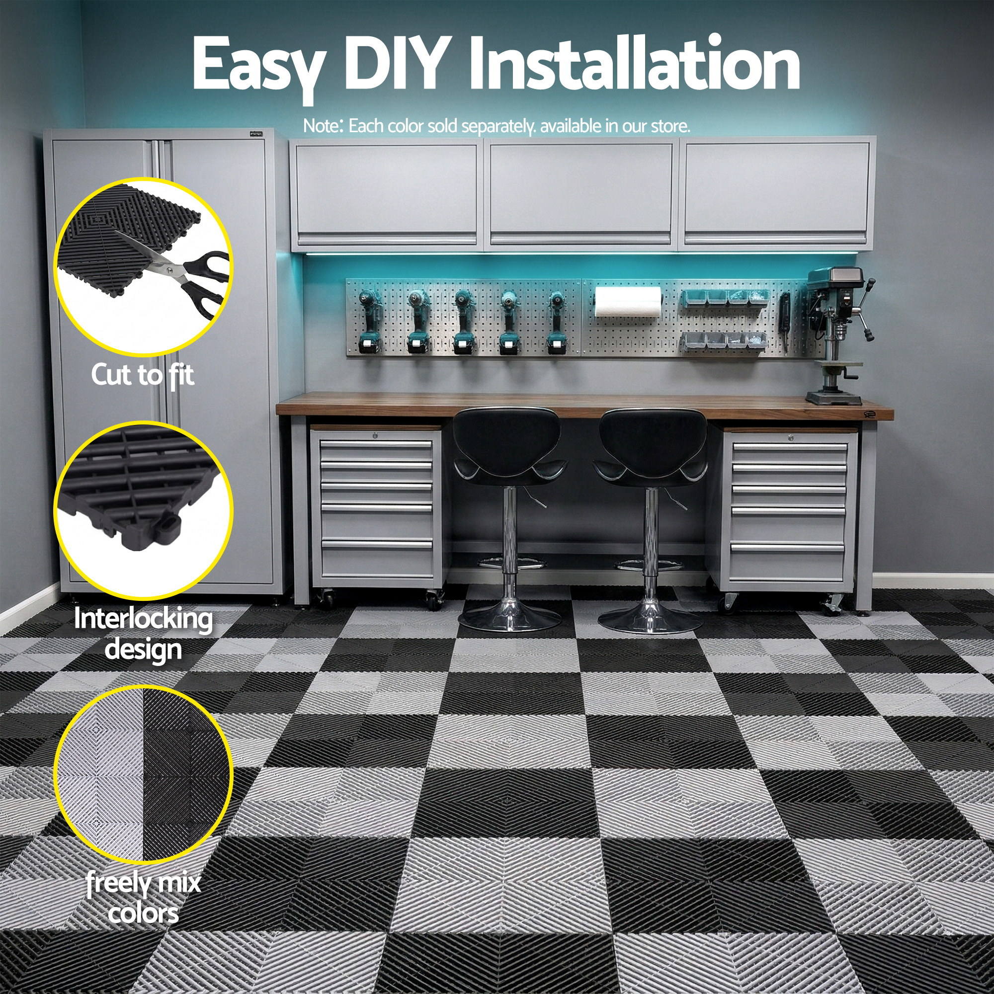 Giantz 20PCS Garage Floor Tiles Interlocking Drainage Non-Slip Tiles Heavy Duty for Workshop Black