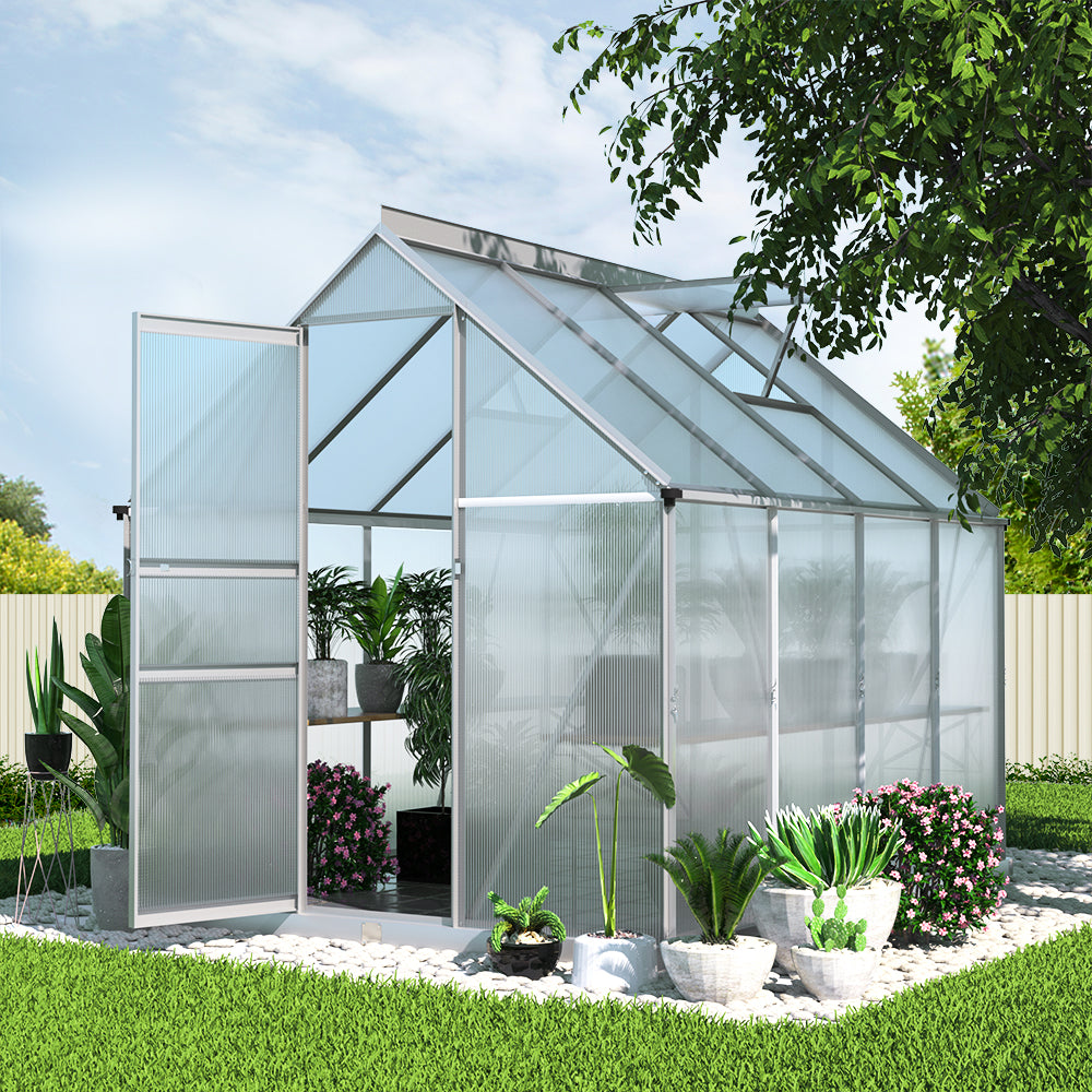 Greenhouses & Accessories: Green Fingers Greenhouse 2.42x1.9x1.95M Aluminium Polycarbonate Green House Garden Shed