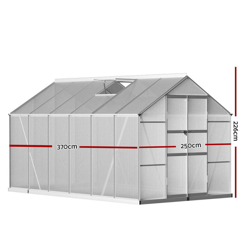 Greenhouses & Accessories: Green Fingers Greenhouse 3.7x2.5x2.26M Double Doors Aluminium Green House Garden Shed