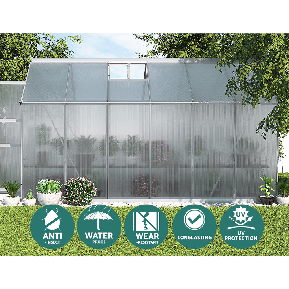 Greenhouses & Accessories: Green Fingers Greenhouse 3.7x2.5x2.26M Double Doors Aluminium Green House Garden Shed